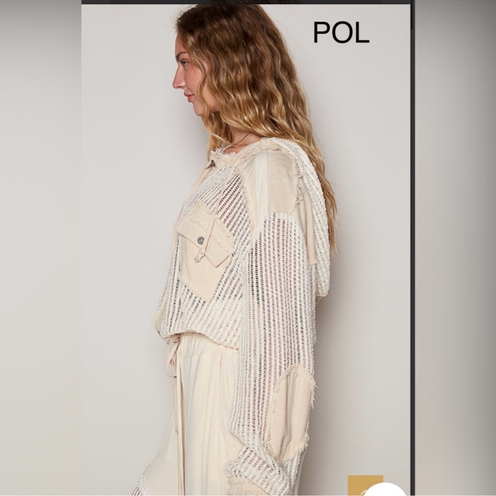 BB25. NWT POL Cream Mixed Media Sheer Mesh Button Front Hoodie - Picture 3 of 6